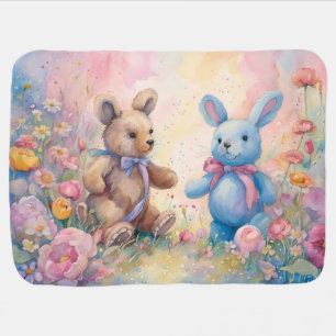 Teddy bear and Bunny In a Pastel Garden Baby Blanket
