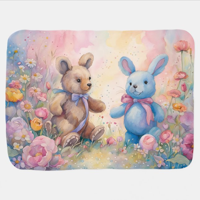 Teddy bear and Bunny In a Pastel Garden Baby Blanket (Horizontal)