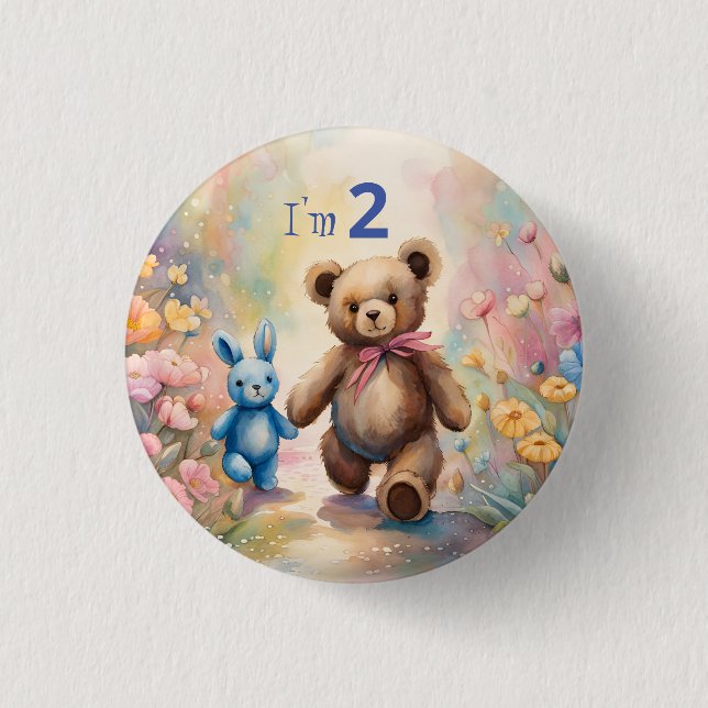 Teddy bear and Bunny In a Pastel Garden Button (Front)