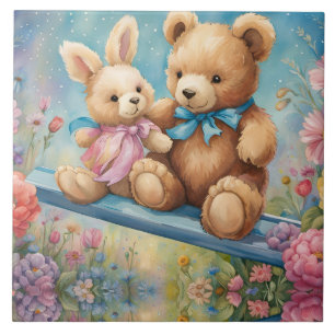 Teddy bear and Bunny In a Pastel Garden Ceramic Tile