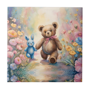 Teddy bear and Bunny In a Pastel Garden Ceramic Tile