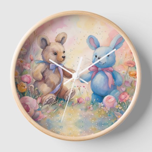 Teddy bear and Bunny In a Pastel Garden Clock