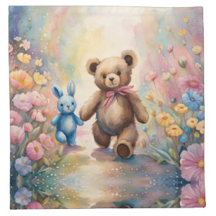 Teddy bear and Bunny In a Pastel Garden Cloth Napkin