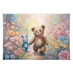 Teddy bear and Bunny In a Pastel Garden Cloth Placemat