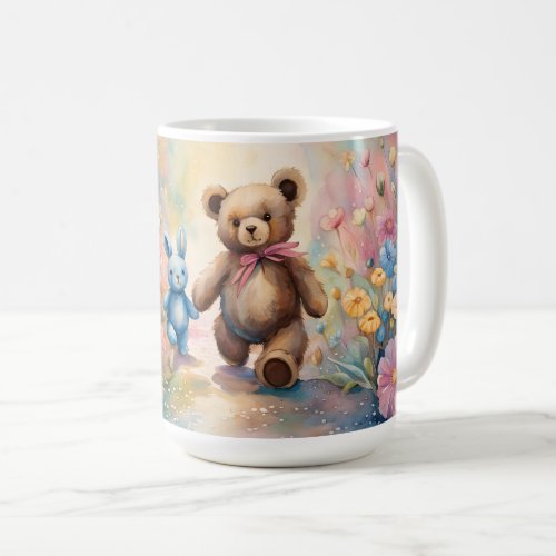 Teddy bear and Bunny In a Pastel Garden Coffee Mug