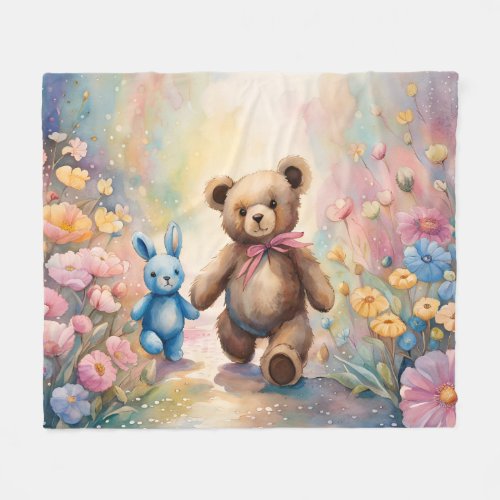 Teddy bear and Bunny In a Pastel Garden Fleece Blanket