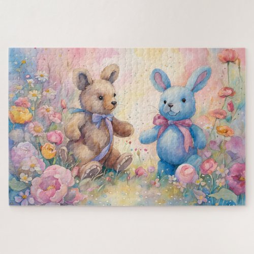 Teddy bear and Bunny In a Pastel Garden Jigsaw Puzzle