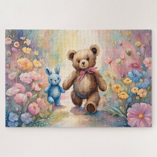 Teddy bear and Bunny In a Pastel Garden Jigsaw Puzzle