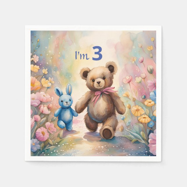 Teddy bear and Bunny In a Pastel Garden Napkins (Front)