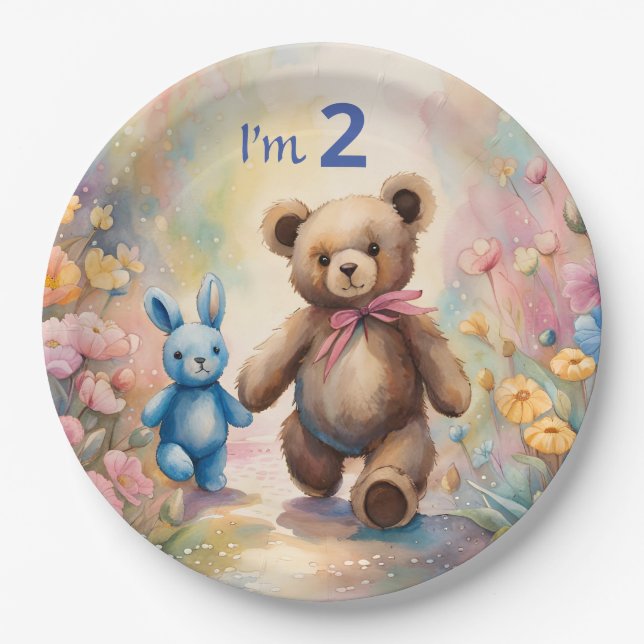 Teddy bear and Bunny In a Pastel Garden Paper Plates (Front)