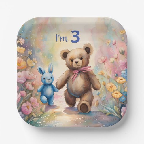 Teddy bear and Bunny In a Pastel Garden Paper Plates