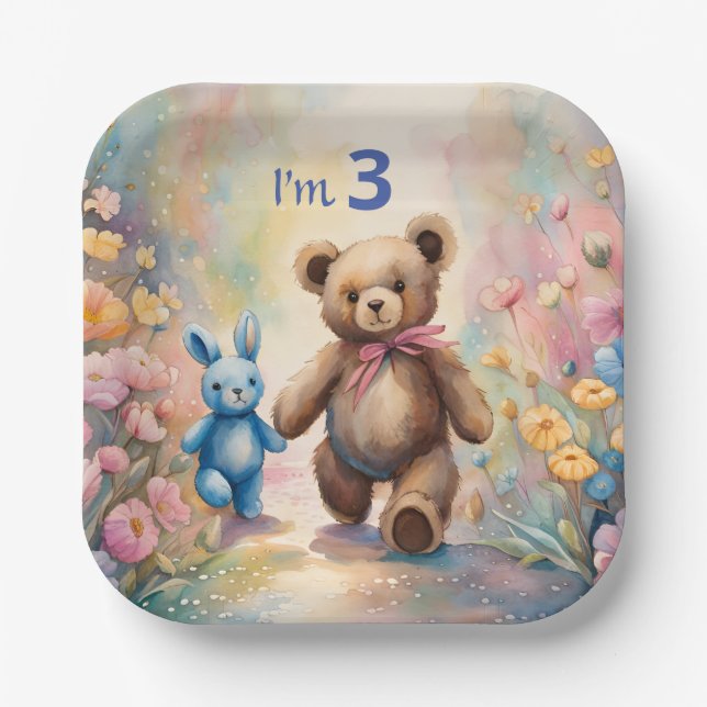 Teddy bear and Bunny In a Pastel Garden Paper Plates (Front)