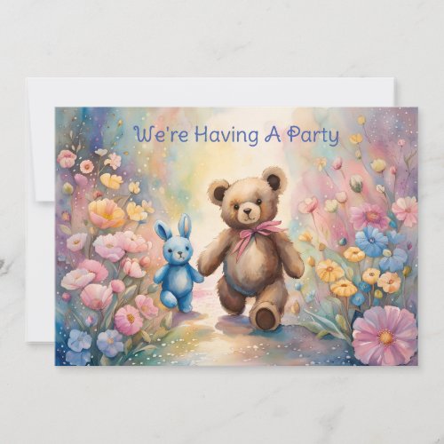 Teddy bear and Bunny In a Pastel Garden Party Announcement
