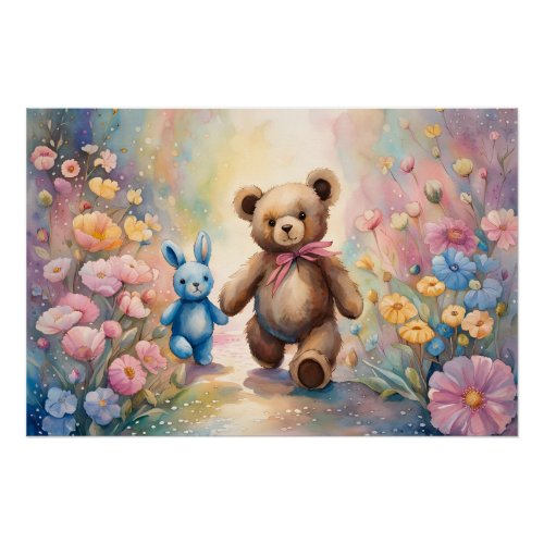 Teddy bear and Bunny In a Pastel Garden Poster