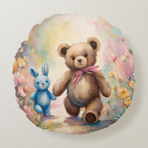 Teddy bear and Bunny In a Pastel Garden Round Pillow