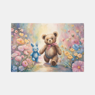 Teddy bear and Bunny In a Pastel Garden Rug