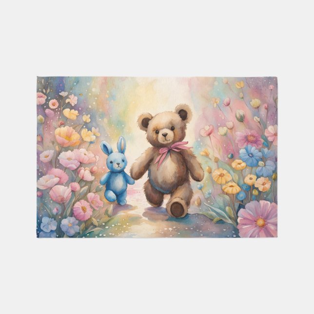 Teddy bear and Bunny In a Pastel Garden Rug (Front)