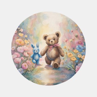 Teddy bear and Bunny In a Pastel Garden