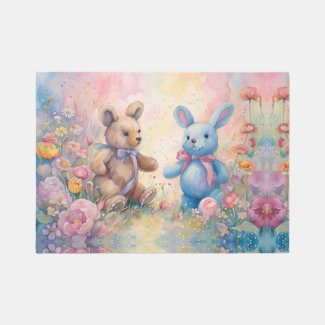 Teddy bear and Bunny In a Pastel Garden
