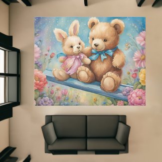 Teddy bear and Bunny In a Pastel Garden