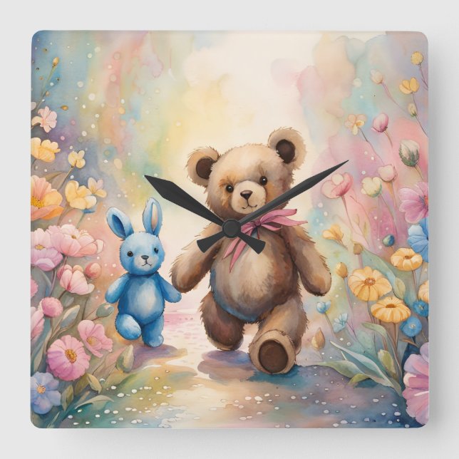 Teddy bear and Bunny In a Pastel Garden Square Wall Clock (Front)