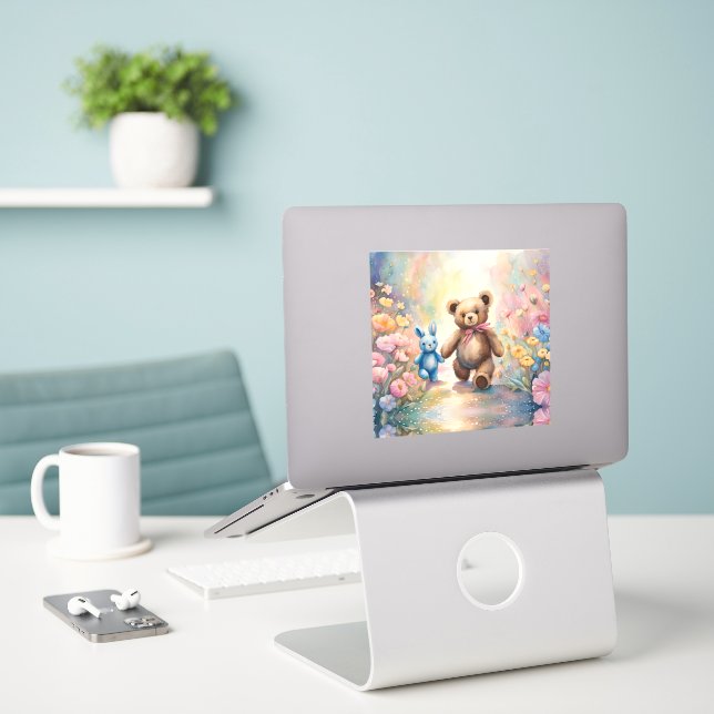 Teddy bear and Bunny In a Pastel Garden Sticker (Laptop On Desk)