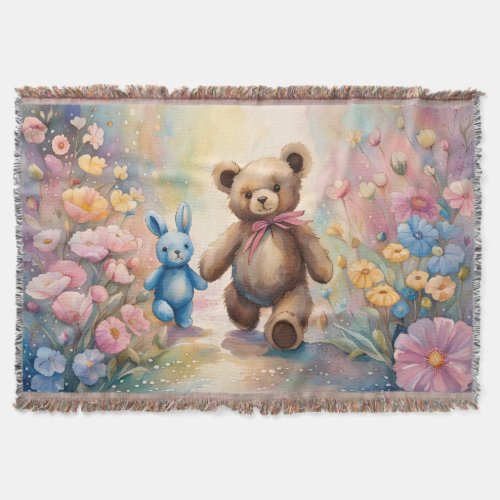 Teddy bear and Bunny In a Pastel Garden Throw Blanket