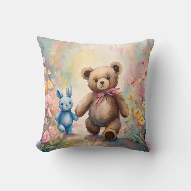 Teddy bear and Bunny In a Pastel Garden Throw Pillow (Front)