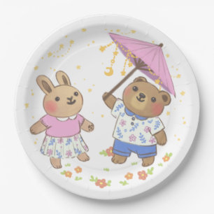 Teddy Bear and Bunny under the Stars Illustration Paper Plates