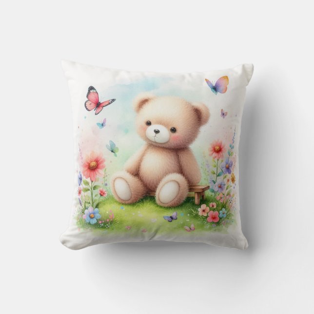 Teddy Bear and Butterflies Throw Pillow (Front)