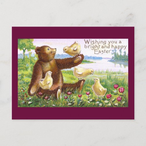 Teddy Bear and Chicks Vintage Easter Holiday Postcard