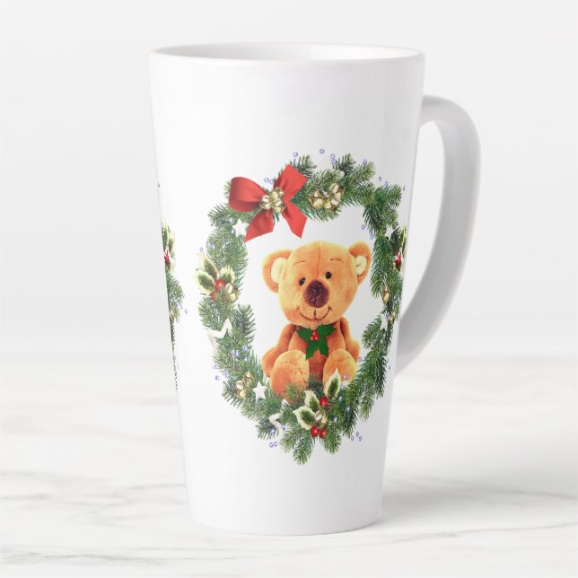 Teddy Bear and Christmas Wreath Holiday Home Latte Mug (Right Angle)