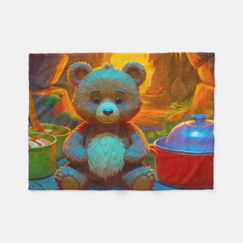 Teddy Bear and Cooking Pots Fleece Blanket
