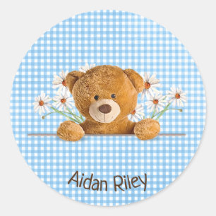 teddy bear and daisies on blue gingham classic round sticker