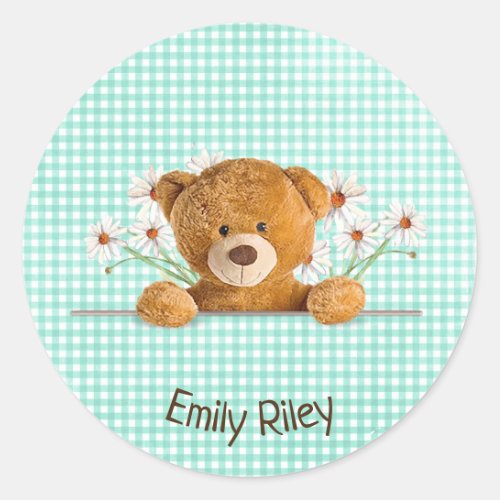 teddy bear and daisies on green gingham classic round sticker