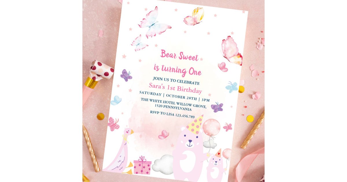 Teddy Bear and duck 1st Birthday baby Girl Invitation | Zazzle