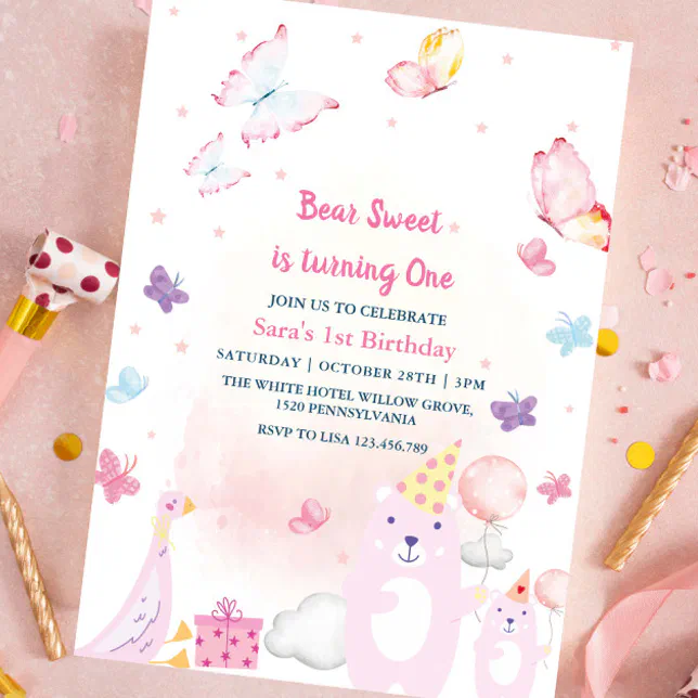 Teddy Bear and duck 1st Birthday baby Girl Invitation | Zazzle