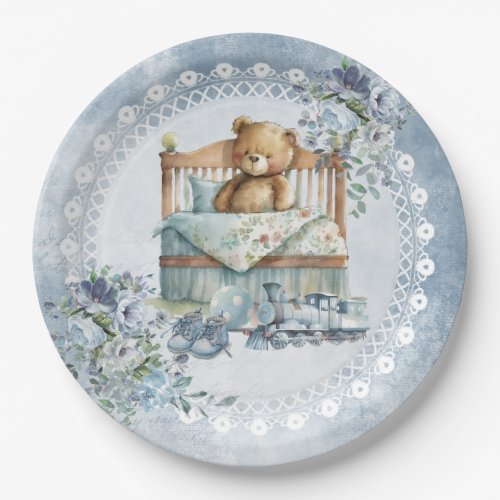 Teddy bear and dusty blue flowers boy baby shower  paper plates