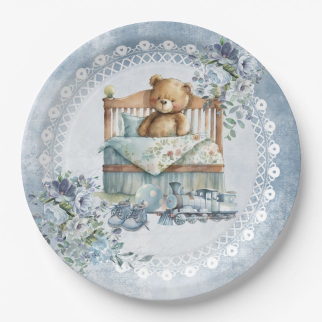 Teddy bear and dusty blue flowers boy baby shower  paper plates (Front)