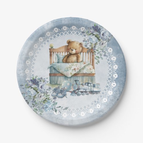 Teddy bear and dusty blue flowers boy baby shower  paper plates