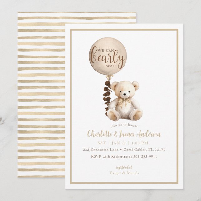 Teddy Bear and Eucalyptus Balloon Baby Shower Invitation (Front/Back)