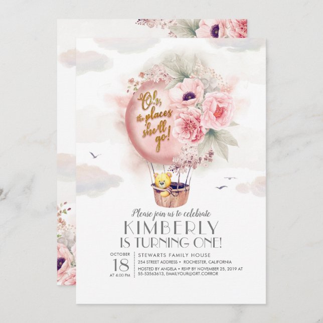 Teddy Bear and Floral Hot Air Balloon Kid Birthday Invitation (Front/Back)