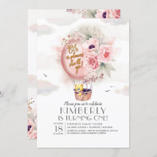 Teddy Bear and Floral Hot Air Balloon Kid Birthday Invitation