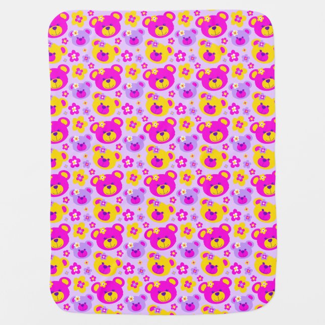 Teddy bear and flower graphic baby girls blanket (Front)