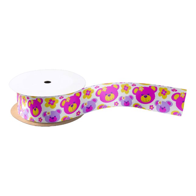 Teddy bear and flower pink yellow white ribbon (Spool)