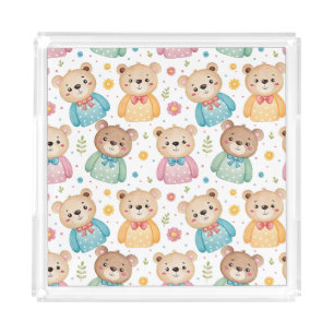 Teddy bear and flowers acrylic tray
