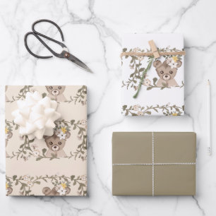 Teddy Bear and Flowers Wrapping Paper Sheets