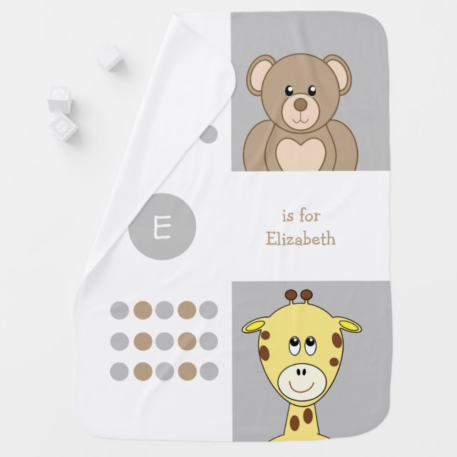 Teddy bear and giraffe grey kids monogram baby blanket (In Situ)