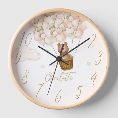 Teddy Bear And Gold Balloons Personalized Clock