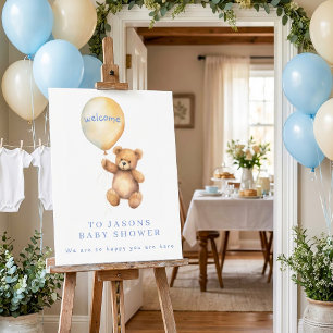 Teddy bear and golden balloon baby shower welcome foam board